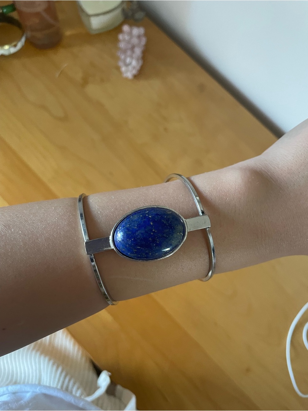 Adjustable Silver Cuff Bracelet with Lapis Lazuli Oval Stone